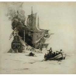 Norman Wilkinson, PRWS (1878-1971) A Sailing Ship on Fire in a Choppy Sea signed lower right in pen.