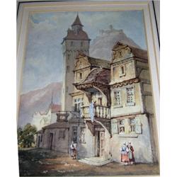 Andrew Mercer (1775-1842) A French Village Scene, with a Castle on a Hill beyond inscribed on the r.