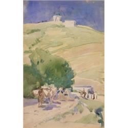 Sir Alfred East, RA (1849-1913) Donkeys on a Hillside Track, Greece inscribed on the reverse waterc.