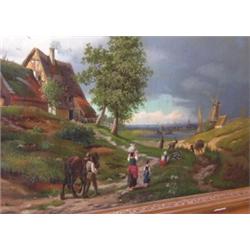 A Boode (Dutch, 19th Century) A Landscape with Peasants, Horses and Goats on a Track, a Windmill be.