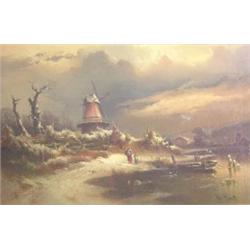H Veit (Dutch, 19th Century) A Windmill by a Frozen Lake, with Peasants collecting Kindling signed..