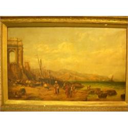 Italian School (18th Century) A Capriccio of the Mediterranean with a Turk and Fisherfolk in the fo.