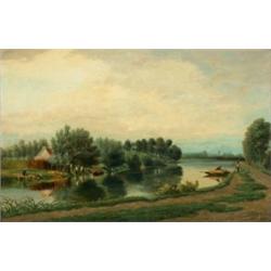 J P C Grolman (Dutch, 19th Century) Fisherfolk on a River signed lower right "J P C Grolman '56" oi.
