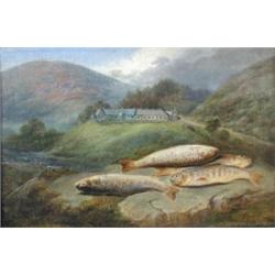 John B Russell (fl.1869-1918) A Catch of Salmon on a Riverbank signed lower right "J Russell" oil o.