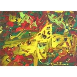Claude Jennand (French, 20th Century) Les Masquees signed lower right "Claude Jennand" oil on board.