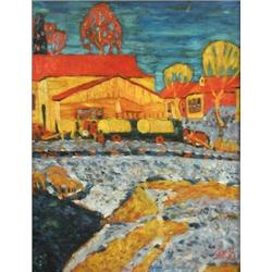 Attributed to Reuben Kirsh (b.1926) A Canadian Farm in Winter signed lower right "Kirsh" oil on boa.