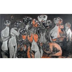 V M Sadanandan (Indian, 20th Century) Weeping Women signed lower right "Sadanandan" oil on board, 7.
