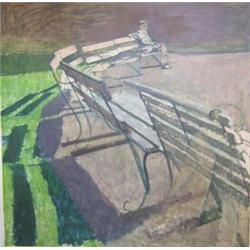 Alfred Heyworth (1926-1976) Park Benches oil on board, 120 x 120cm  Provenance: From the collection.