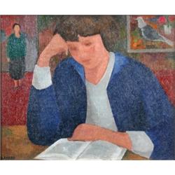 Duffy Ayers (British, 20th Century) Girl in Blue, Reading signed lower left "D Ayers" oil on board,.
