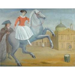 Russian School (20th Century) A Ballerina on a Rearing Grey Horse, with a Groom beside her oil on c.