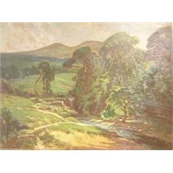 William F Burchell (exh.1909-1937) A Waterfall and River in a Wooded Landscape signed lower left "W.