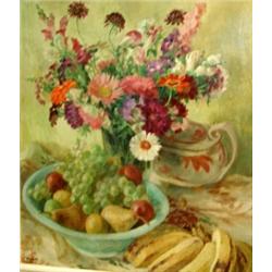 Georges Morren (Belgian, 1868-1941) A Still Life of Daisies and Poppies in a Green Vase, a Bowl of..