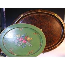A mid 19th century papier mâché oval tray, painted to simulate walnut, the central gilt and white r.
