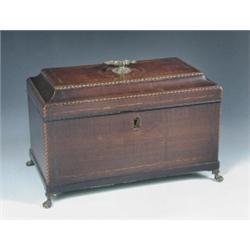 A George III fiddle back mahogany tea caddy, the rectangular top with cavetto and barber's pole lin.
