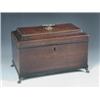 Image 1 : A George III fiddle back mahogany tea caddy, the rectangular top with cavetto and barber's pole lin.