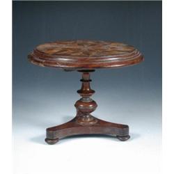 A mid 19th century miniature mahogany breakfast table, the circular top parquetried with a sunburst.