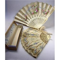 A late 19th century fan with bone sticks and flower painted silk leaf, 18.5cm long in 'Fred Penbert.