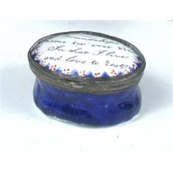An early 19th century Staffordshire enamel box, the oval hinged lid inscribed 'Friendships Name For.