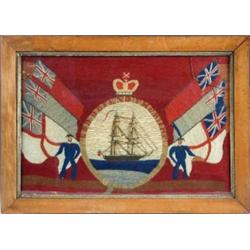 A 19th century naval woolwork picture worked below a crown with central belted oval of a ship, the..