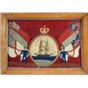 Image 1 : A 19th century naval woolwork picture worked below a crown with central belted oval of a ship, the..