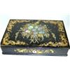 Image 1 : A mid 19th century papier mâché writing box, the rectangular hinged lid gilt and inlaid with mother.