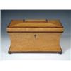 Image 1 : An early 19th century burr maple tea caddy, the waisted sides of the sarcophagus shape with ring ha.