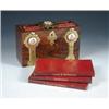 Image 1 : A late 19th century walnut account bookcase, the five red scrim bound books locking into the rectan.