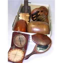A collection of treen, to include: coquilla nut pomander, mahogany cased compass, combined brush an.