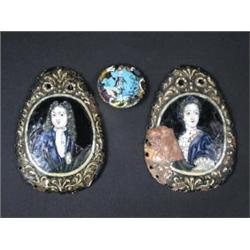 A pair of late 17th century Limoges enamel miniatures, the copper plates of egg shaped outline enam.