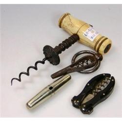 Four various corkscrews, to include: a bone handled corkscrew, another folding into nickel slender..