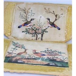 A collection of seven Chinese rice paper paintings, each mounted onto card and painted with exotic..