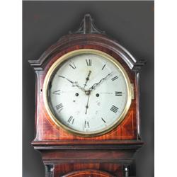 A Scottish George III mahogany longcase clock, the break arch hood with gilt finial above 32cm circ.