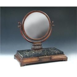 A William IV mahogany framed dressing mirror, the circular plate supported on scrolling uprights ab.