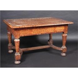 A 19th century continental centre table, the profusely marquetry inlaid moulded rectangular top abo.