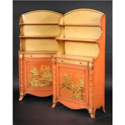 A pair of Regency style chinoiserie decorated bookcases, each with arched back above open shelves,..