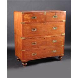 A 19th century mahogany brass bound campaign chest, in two parts, the rectangular top above two sho.