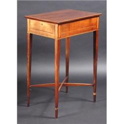 A Regency mahogany side table, the satinwood banded rectangular top above an end frieze drawer supp.