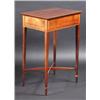 Image 1 : A Regency mahogany side table, the satinwood banded rectangular top above an end frieze drawer supp.