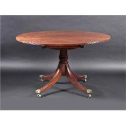 A Regency mahogany breakfast table, the circular tilt top supported on a ring turned column, standi.