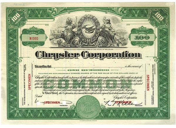 Chrysler Corp ca 1920 1930 Specimen Stock Certificate Archives Chrysler Corp ca 1920 1930 Specimen Stock Certificate Archives