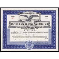 Victor Page Motors Corp., 1925, 100 Shares I/U Stock Certificate.