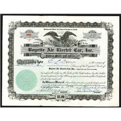 Boyette Air Electric Car, Inc., Issued Stock Certificate.