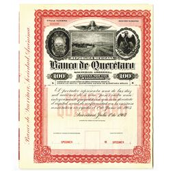 Banco De Queretaro, 1907 Specimen Bond.