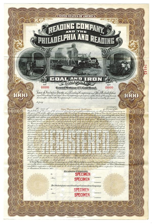 Reading Co. and the Philadelphia and Reading Coal and Iron Co., ca.1920-1930 Specimen Bond Reading Co. and the Philadelphia and Reading Coal and Iron Co., ca.1920-1930 Specimen Bond