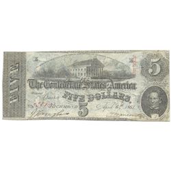 1863 $5 The Confederate States of America Note T-60 CC