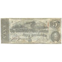 1863 $5 The Confederate States of America Note T-60 CC