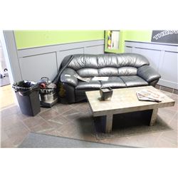 CONTENTS OF FRONT ROOM INCLUDING: LEATHER SOFA, COFFEE TABLE, ELECTRIC FIREPLACE, BICYCLE, MATS,