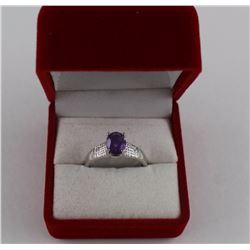 PURPLE AMETHYST & DIAMOND RING, OVAL CUT 2 SHOULDER DIAMONDS STERLING SILVER