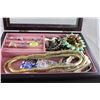 Image 2 : HUGE ESTATE WOODEN AND GLASS JEWELLERY BOX. ETCHED GLASS BOX FILLED WITH MISC ESTATE ITEMS