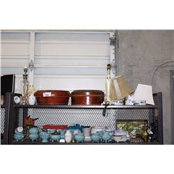 SHELF LOT OF LAMPS AND COLLECTIBLES